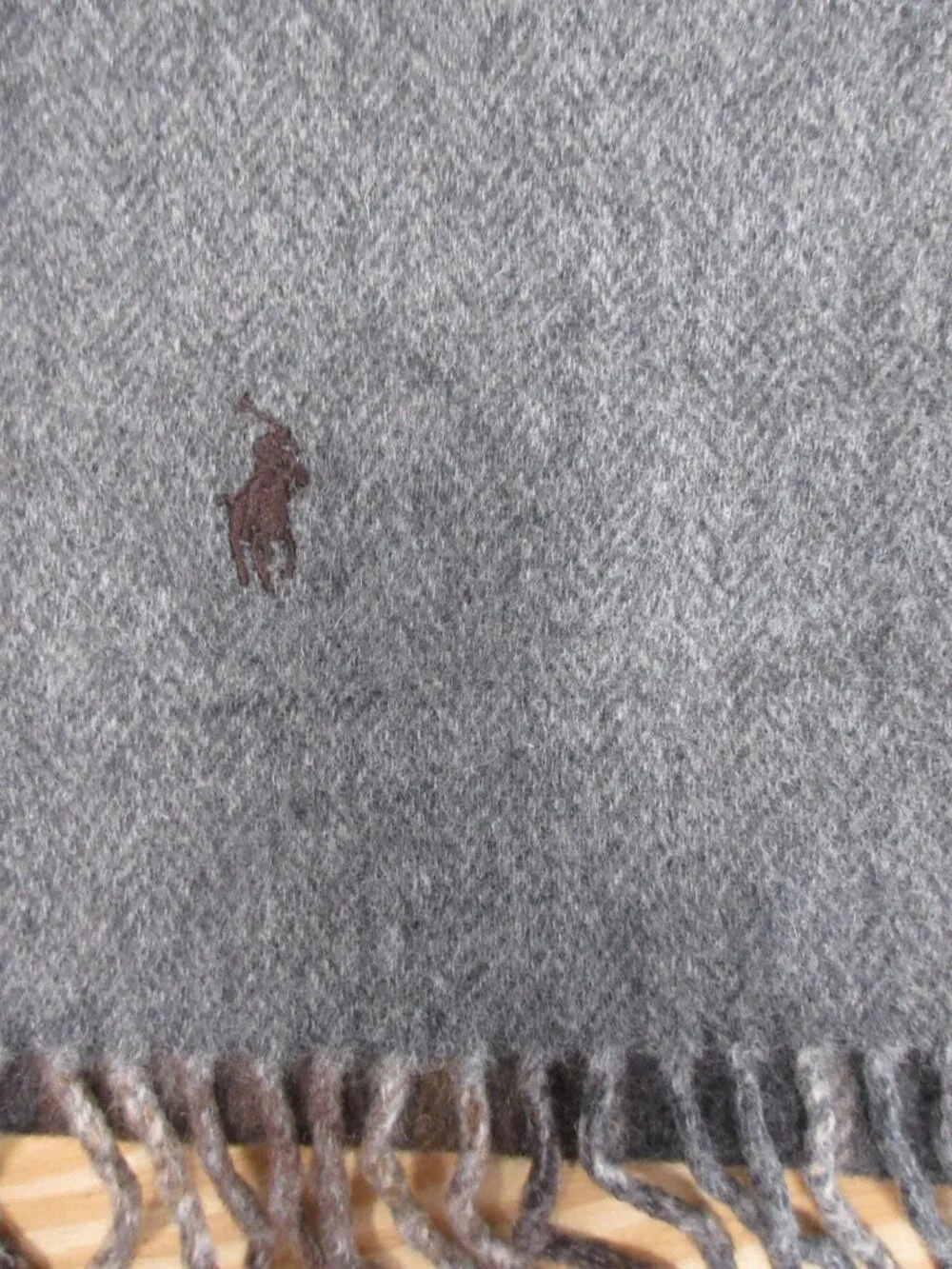 Polo Ralph Lauren Scarf Gray Lambs Wool Plaid Fringe Made in Italy